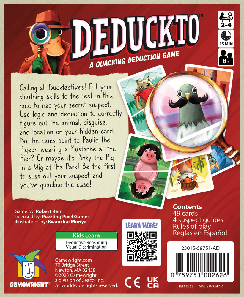 Deduckto game box showing illustrated animal suspects and magnifying glass for logic and deduction play.