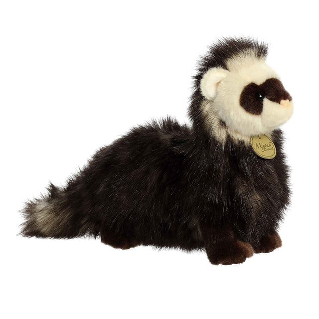 Ferret plush toy with soft long dark brown fur and white face, realistically designed for hugs and snuggles.
