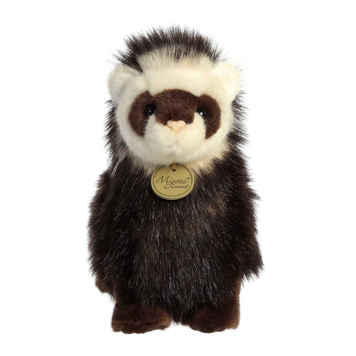 Ferret stuffed animal with soft dark brown fur and white face, hand-stitched and perfect for hugs and snuggles.