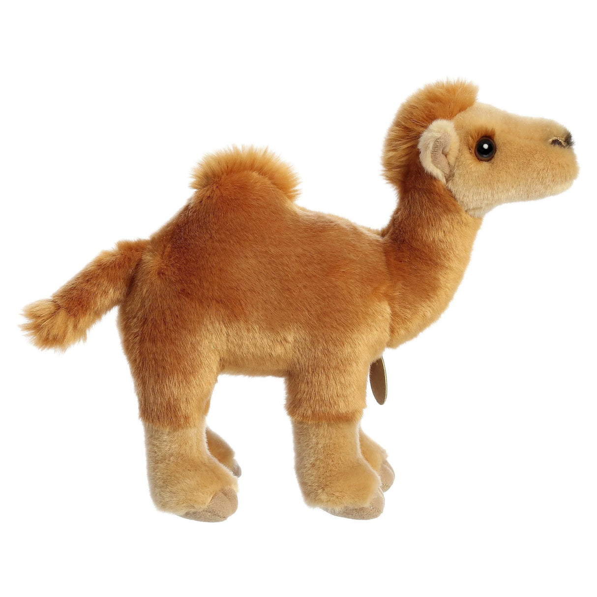 Soft plush dromedary camel with a hump, sandy fur, hand-stitched details, and bean pellets for stability.