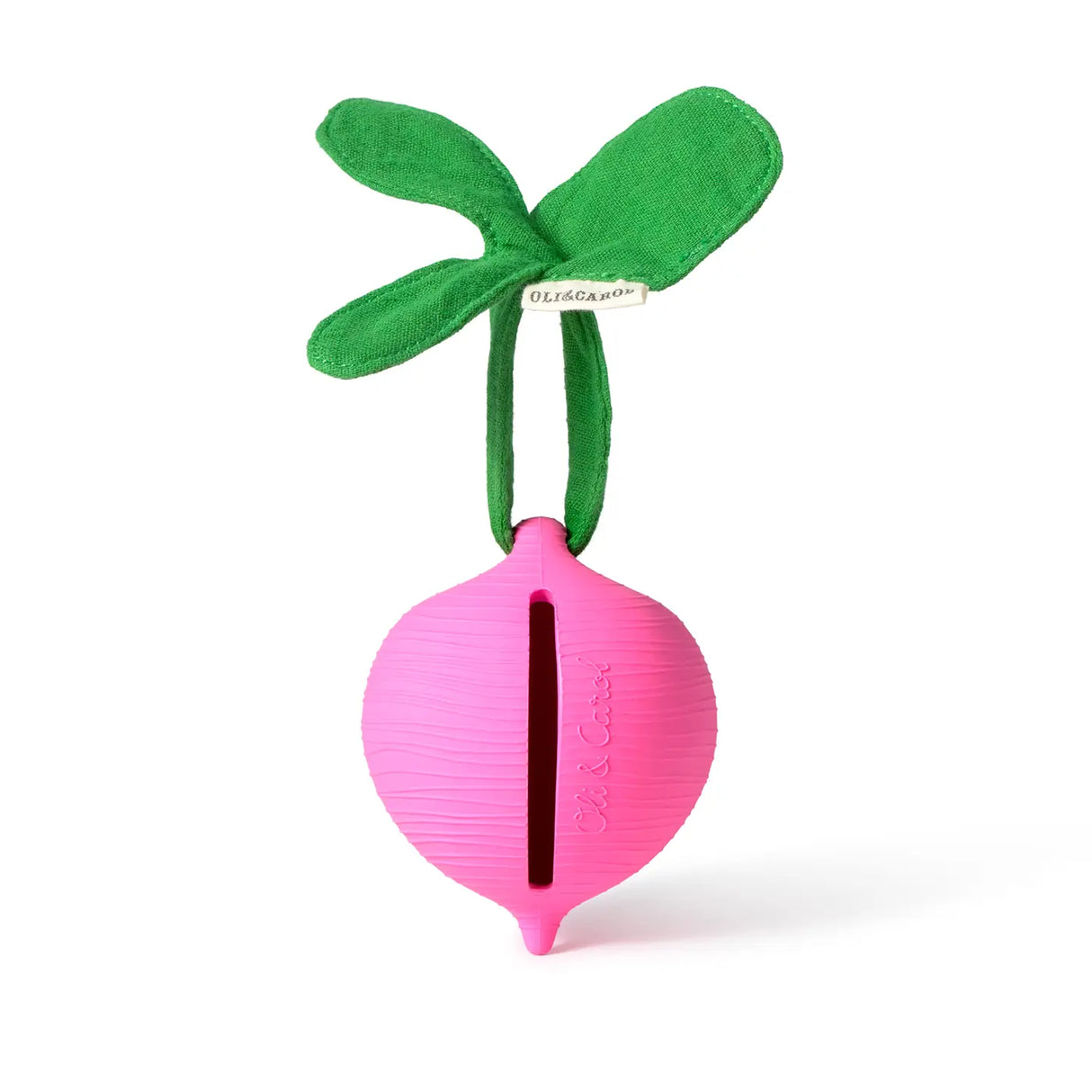 Pink radish-shaped pacifier case with soft green leaf attachment made from natural rubber and organic cotton.