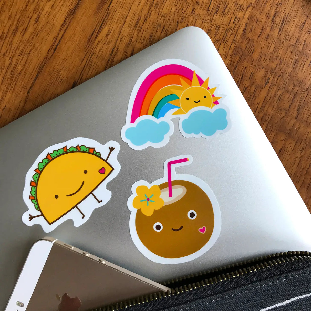 Taco Break Sticker Birthday Card showing a smiling taco vinyl sticker on a laptop with colorful stickers nearby.