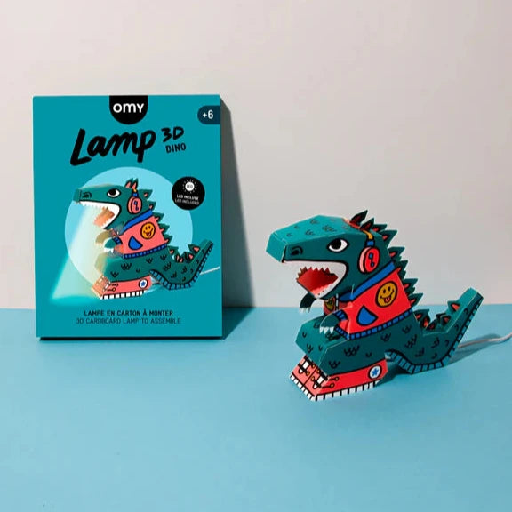 3D DIY Lamp | Dino with colorful dinosaur design assembled and lit using USB-powered LED, perfect as a night light or decor.