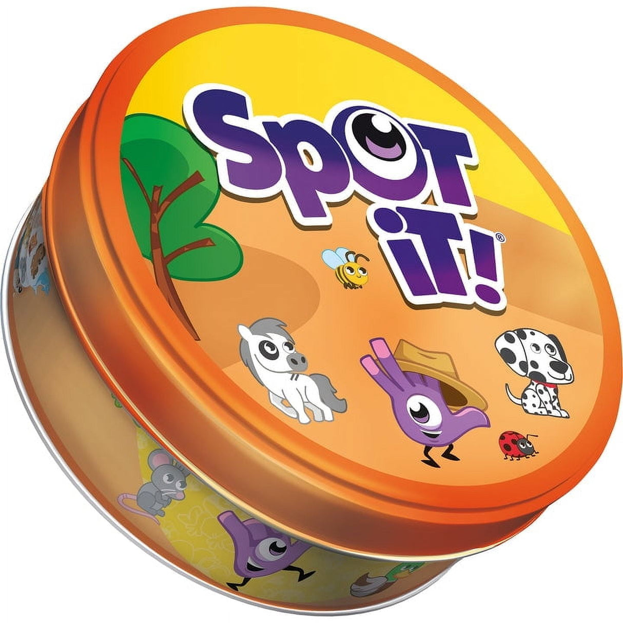 Round tin container with colorful animal illustrations and Spot It! logo on the lid for a children's matching game.