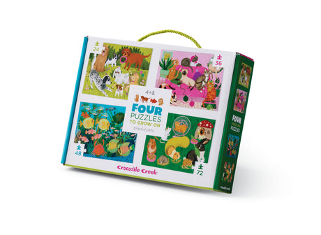 Four Puzzles to Grow On | Playful Pets box with four colorful puzzles of varying piece counts for ages 4+
