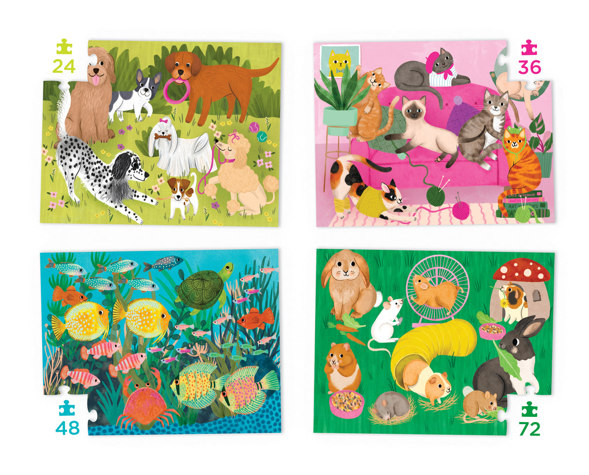 Four Puzzles to Grow On | Playful Pets with colorful animal scenes in 24, 36, 48, and 72 piece puzzles for kids.