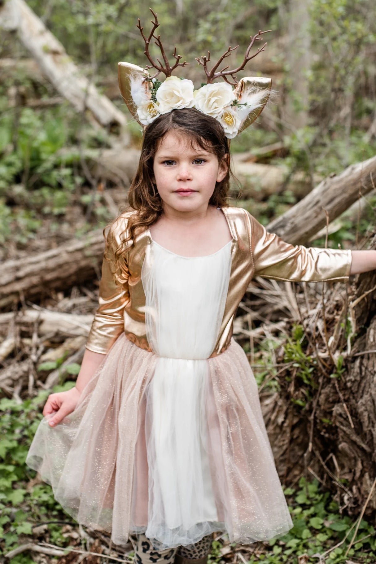 Woodland Deer Dress & Headband Size 5-6 worn by a girl outdoors with gold and white dress and deer-themed headband.