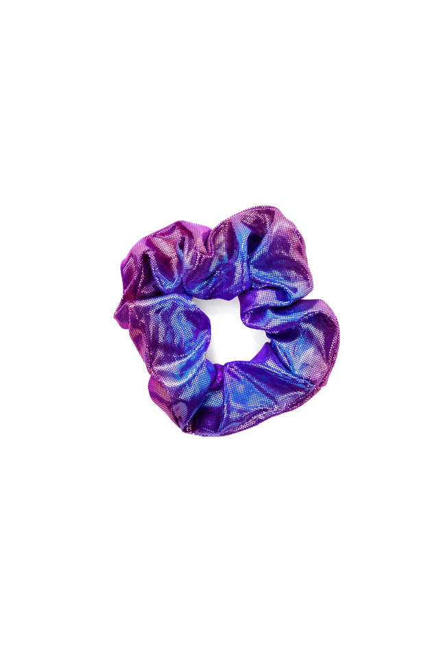 Seaside Scrunchie in purple and blue metallic spandex, perfect for durable and stylish kids' hair ties.