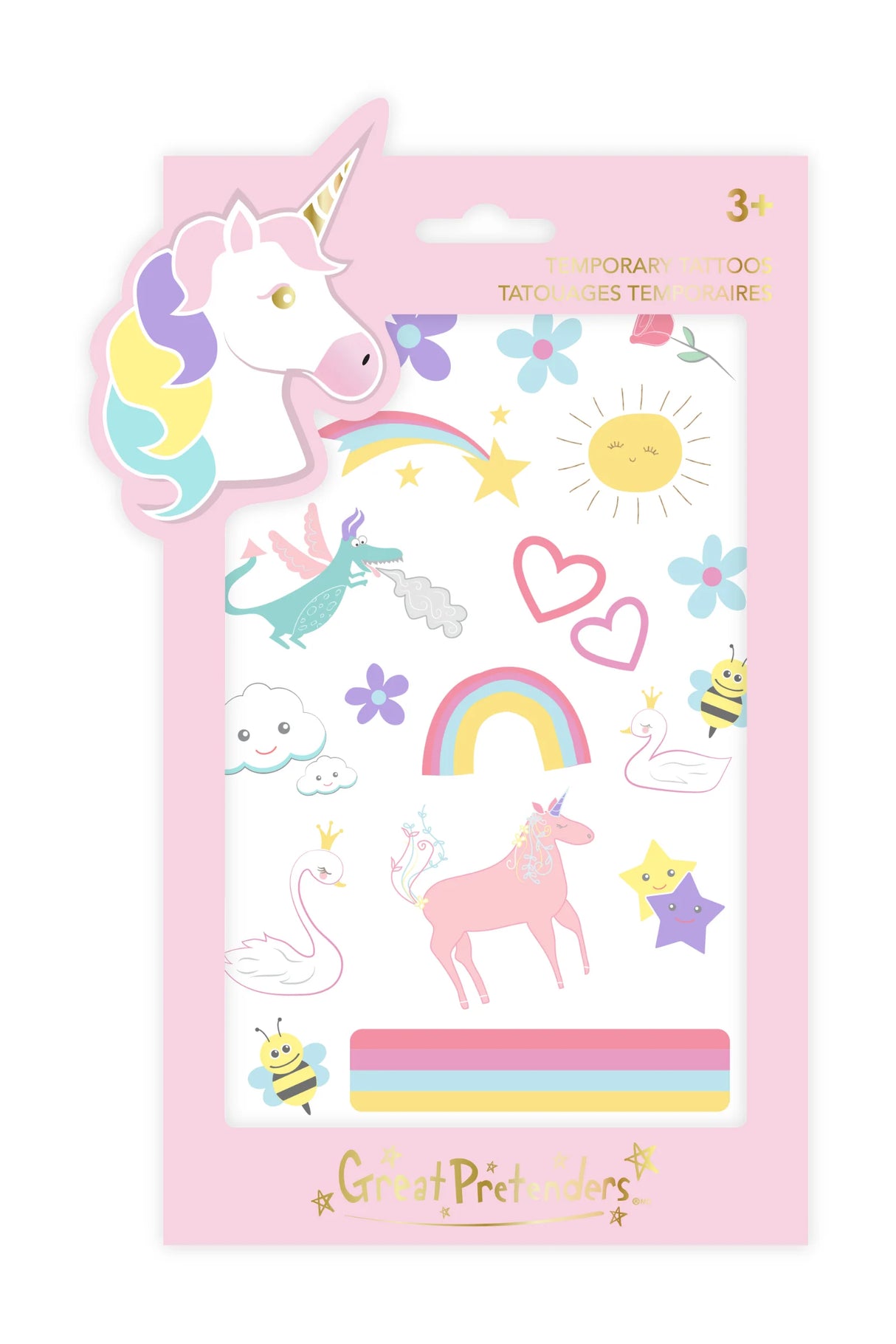 Unicorn Tattoos set with rainbows, magical creatures, glitter finish, temporary tattoos for kids ages 3 and up in pink packaging.
