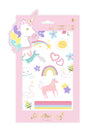 Unicorn Tattoos set with rainbows, magical creatures, glitter finish, temporary tattoos for kids ages 3 and up in pink packaging.