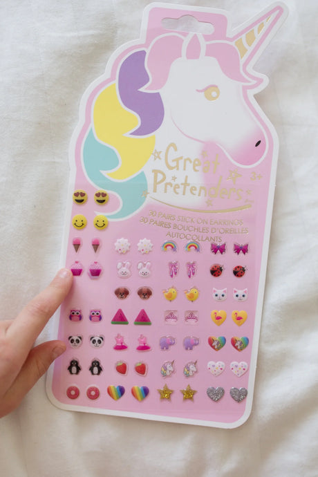 Stick On Earrings | Unicorn pack with 30 pairs of fun animal, unicorn, and glitter stick on earrings for kids.