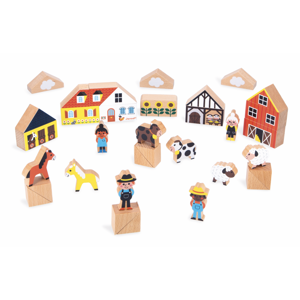 Crossroads Countryside Building Blocks wooden farm set with animals, farmers, and buildings for imaginative play ages 2+