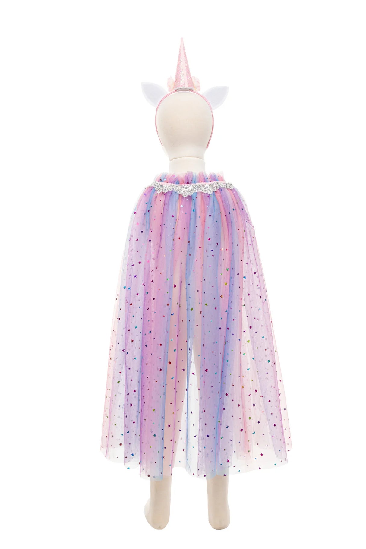 Rainbow Unicorn Cape & Headband set with pastel sequin cape and iridescent unicorn headband with floral accents.