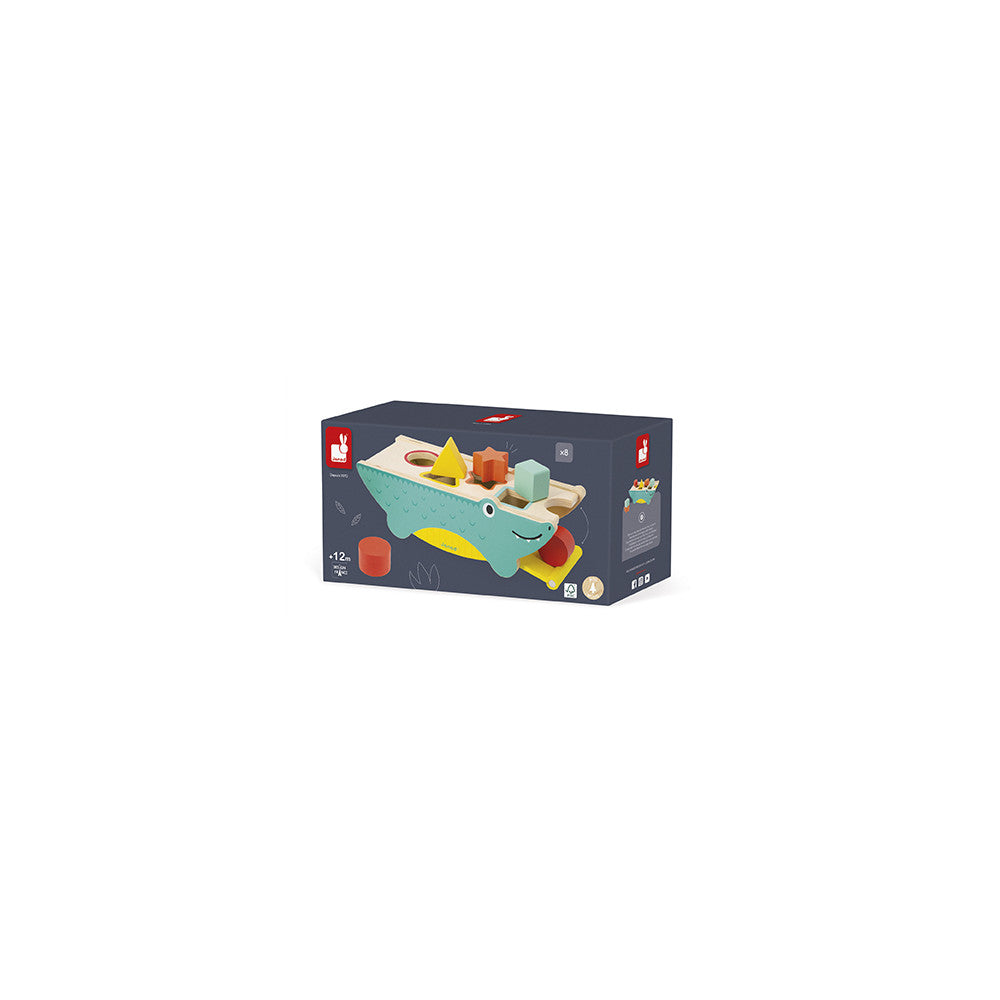 Tropik Crocodile Shape Sorter toy box showing colorful wooden shapes fitting into a crocodile-shaped sorter for kids.