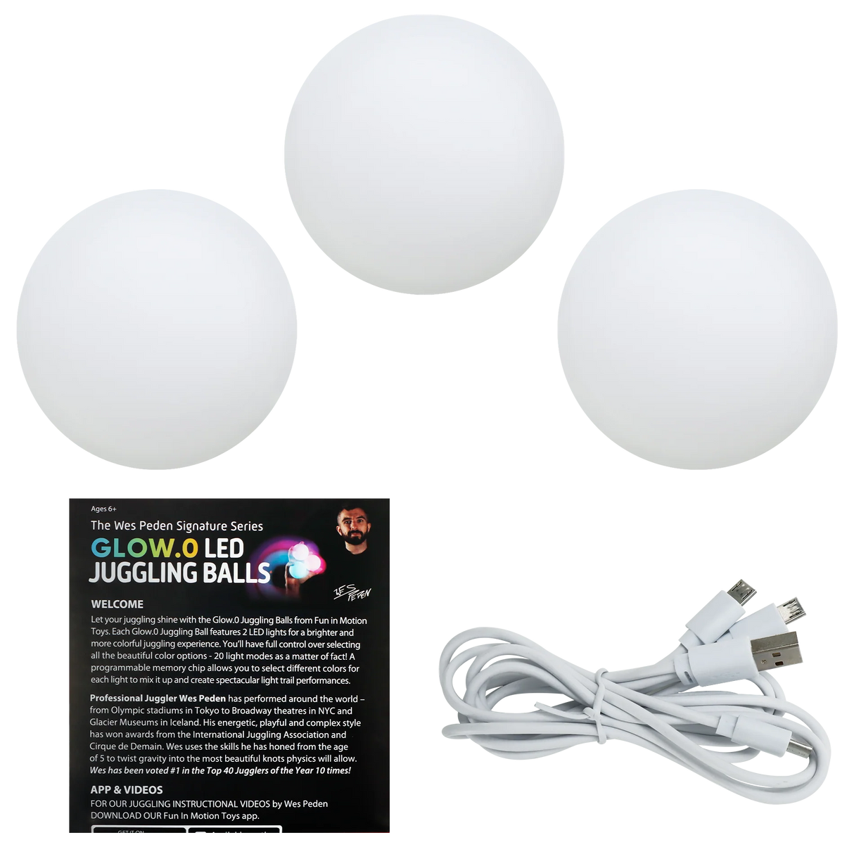 Glow.0 LED Juggling Balls by Wes Peden with three soft, squeezable balls and a triple head USB charging cable.