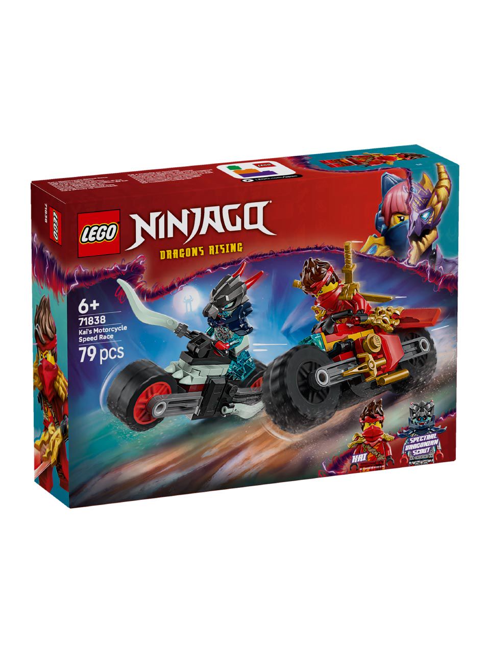 LEGO Ninjago Dragons Rising set featuring Kai and Spectral Dragonian Scout on motorcycles in an action chase scene