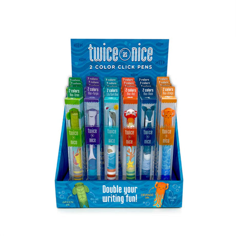Twice as Nice 2 Color Click Pen Sea Life set with crab, shark, whale, octopus, turtle, and seal designs in bright colors.