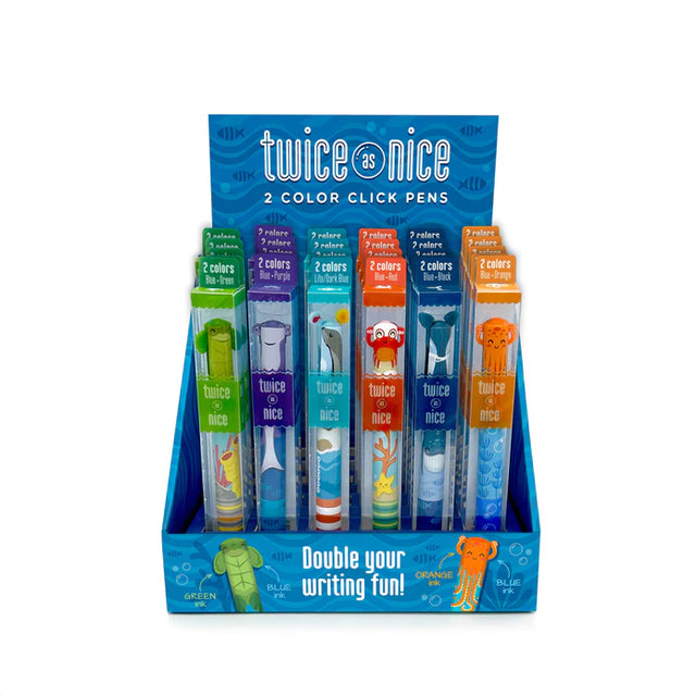 Twice as Nice 2 Color Click Pen Sea Life set with crab, shark, whale, octopus, turtle, and seal designs in bright colors.