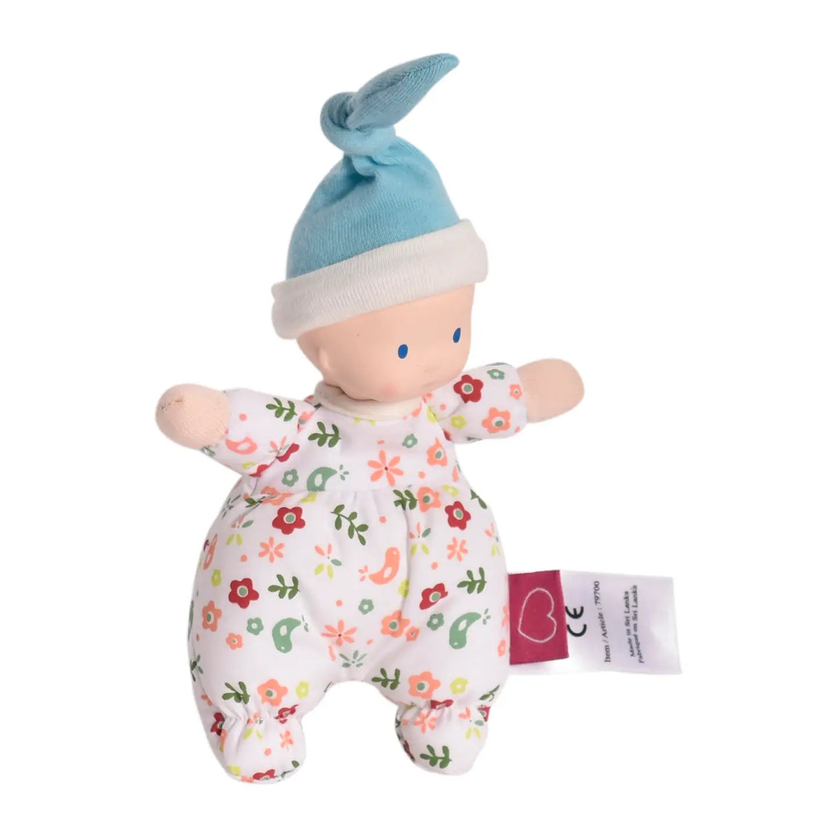 Precious Doll | Light Skin with natural rubber head, soft floral body suit, and blue cotton hat for babies.