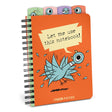 Orange spiral notebook with cartoon pigeon and speech bubble saying let me use this notebook tabs visible