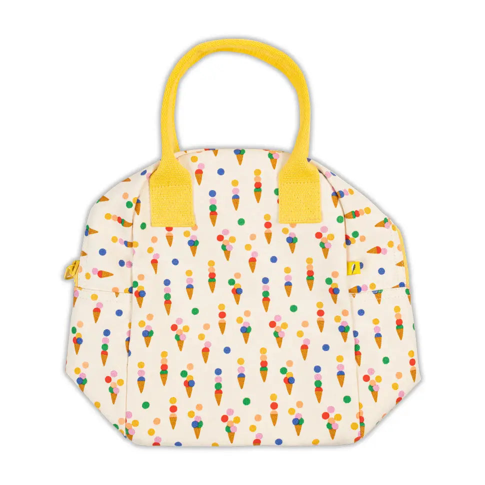 Lunch bag with colorful ice cream cone pattern, yellow handles, and roomy design for easy carrying and storage.