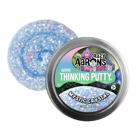 Mini Trendsetters Mystic Crystal Thinking Putty ice blue with pyramid glitter in a small tin container.