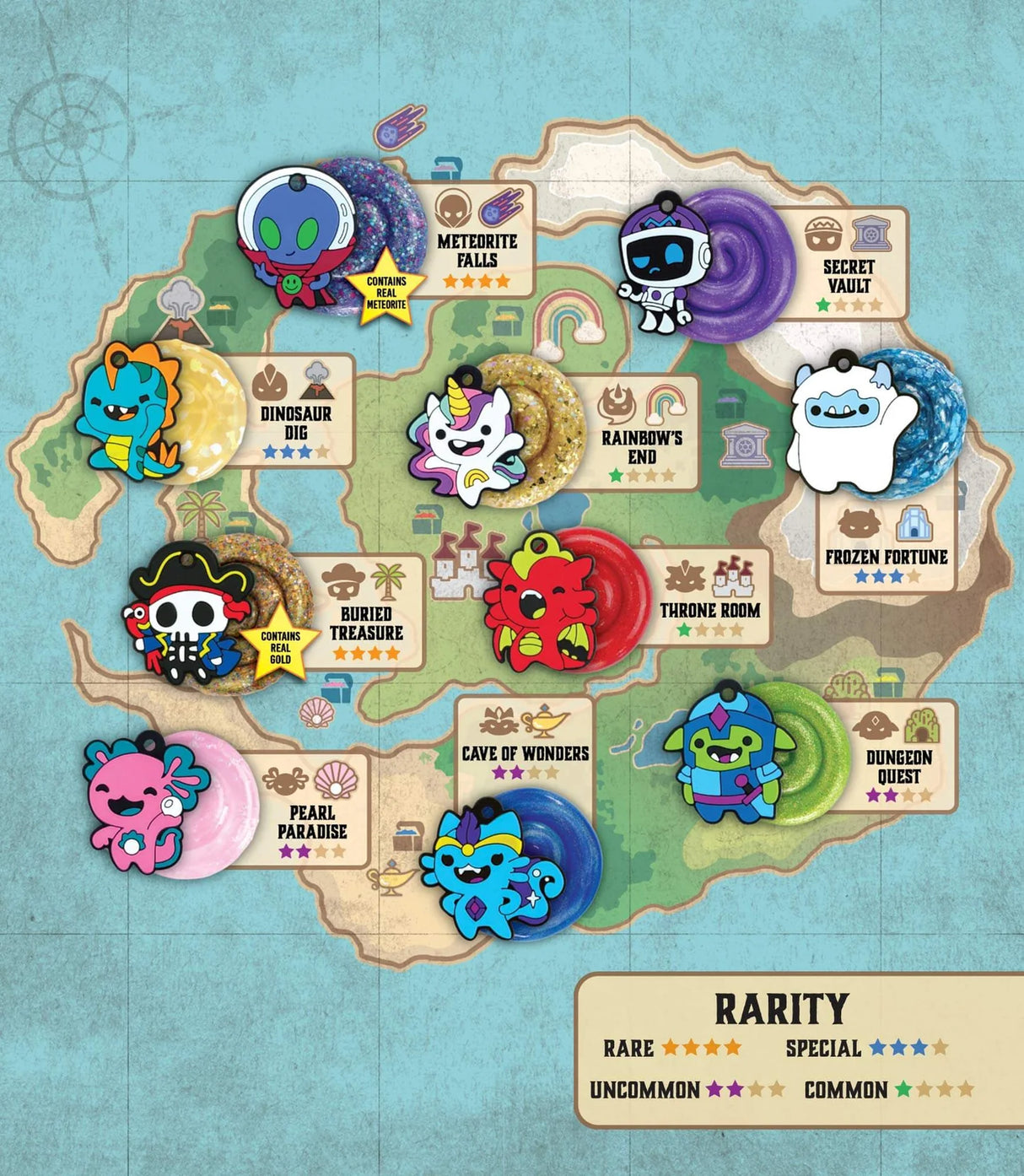 Mini Lost Treasure Guardians Thinking Putty map showing collectible tins with unique guardian charms and rarity levels.
