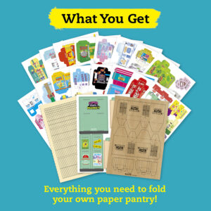 Super Mini Market papercraft kit with colorful grocery package punch-outs and instructions for creating a mini paper market.