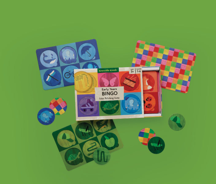 Early Years Bingo color matching game with 36 pieces and 6 boards designed for kids ages 3+ learning colors and matching.