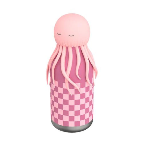 Asobu Water Bottle | Jellyfish with pink checkered design and a soft jellyfish lid, perfect for kids and spill-proof adventures.