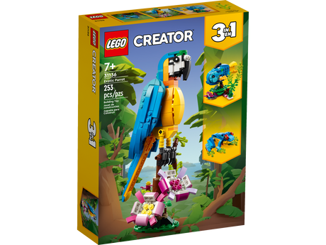 LEGO Creator 3-in-1 Exotic Parrot building set for kids featuring a colorful parrot, fish, and frog models.