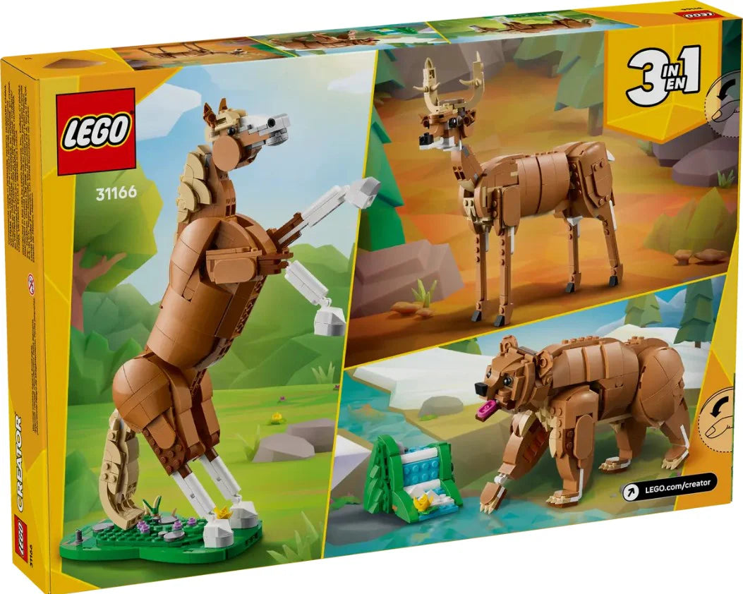 LEGO Creator 3 in 1 set featuring a poseable horse, bear, and deer with detailed movable joints on nature backgrounds.