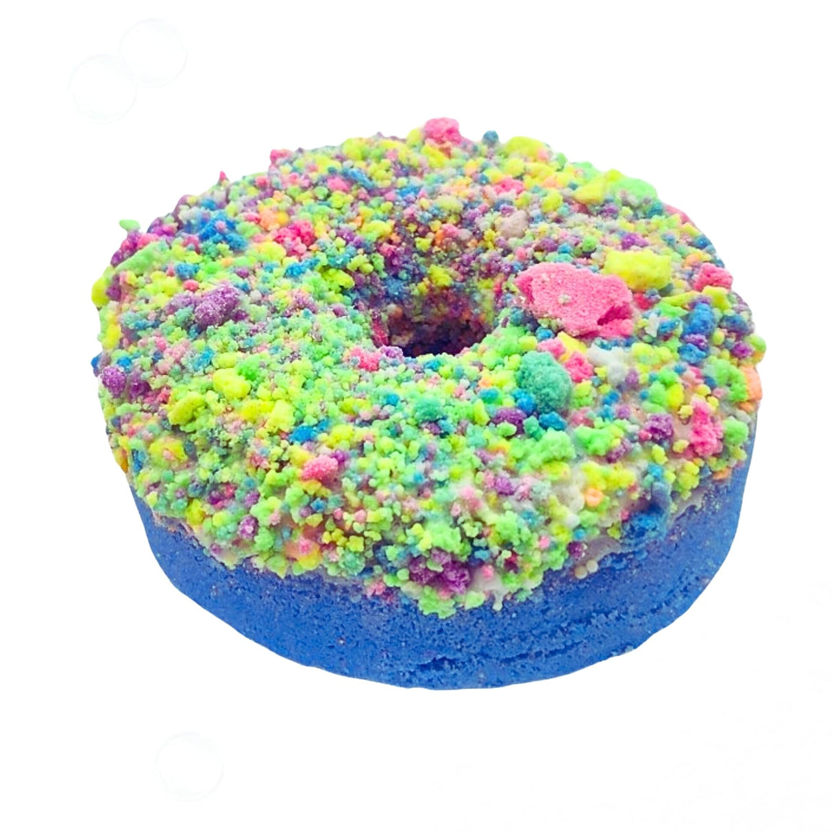 Donut Enchanted Bath Bomb with colorful, textured toppings, hand pressed for a magical coconut beachy bath experience.
