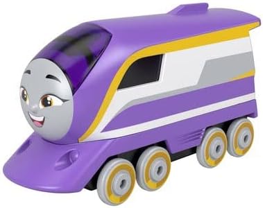 Purple and yellow Thomas & Friends Diecast Train toy with a smiling face, perfect for kids to push along tracks.