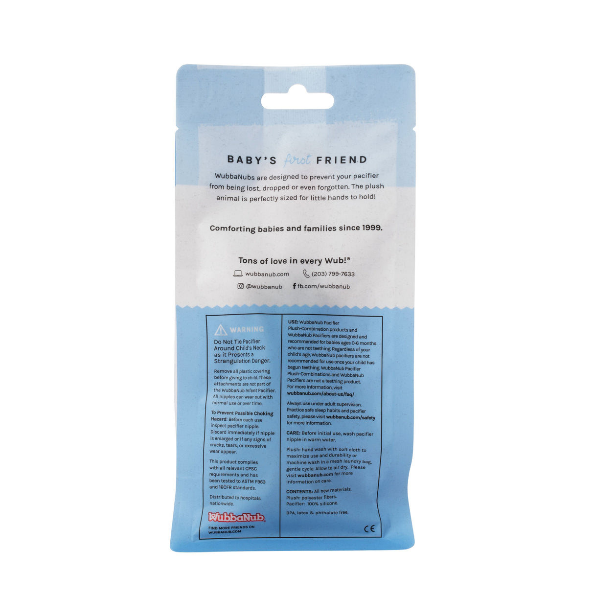 WubbaNub | Duck baby pacifier packaging showing product safety details and comforting plush design for infants.