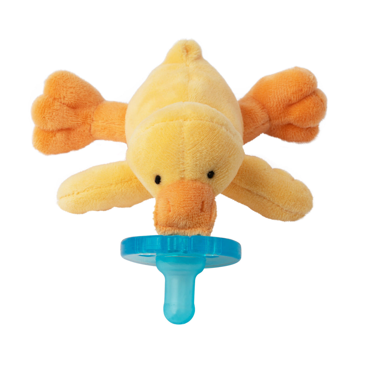 WubbaNub | Duck baby pacifier with soft yellow duck plush and blue silicone nipple for comforting newborns.