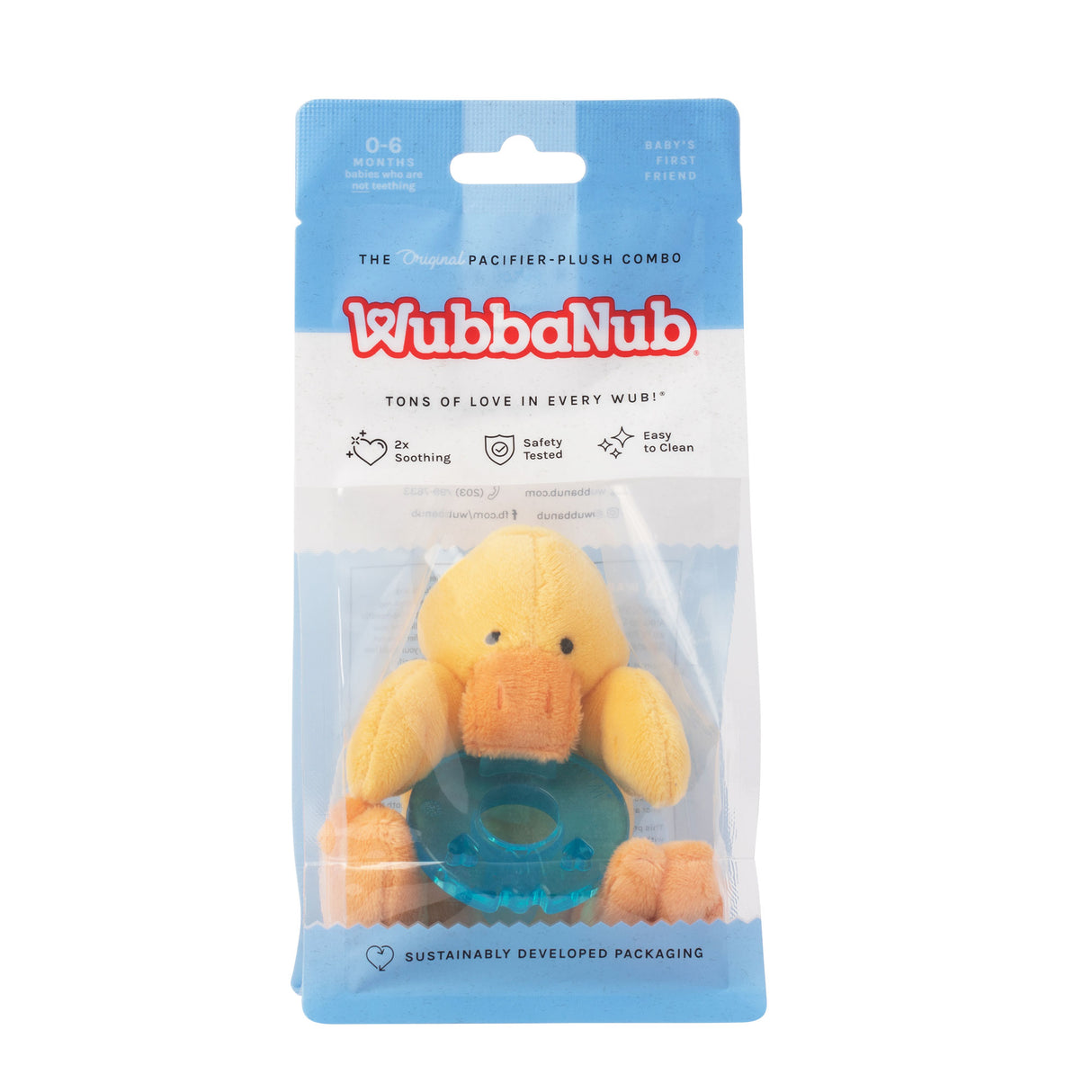 WubbaNub Duck baby pacifier plush combo with yellow duck and teal silicone pacifier for newborns 0-6 months.