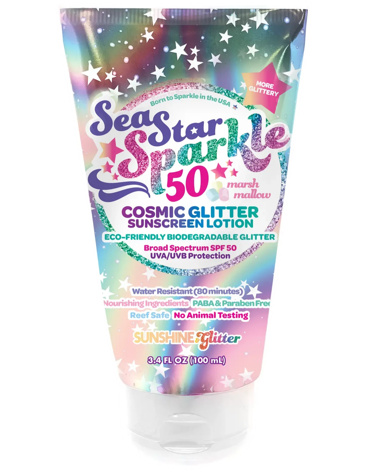 Sea Star Sparkle Cosmic Marshmallow Bio Glitter Sunscreen SPF 50 with eco-friendly glitter and broad spectrum protection.