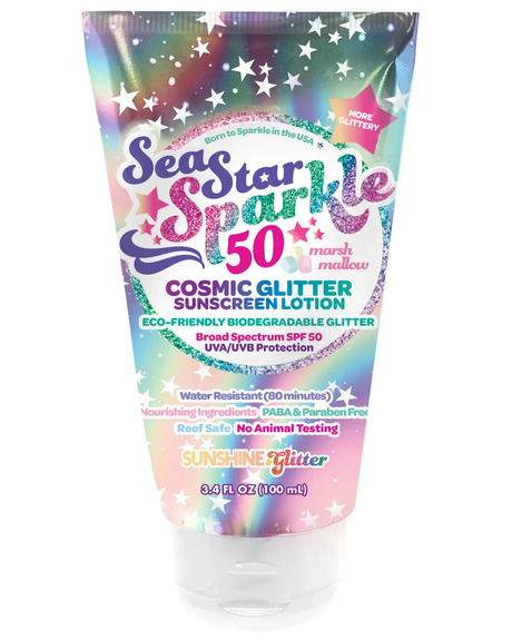 Sea Star Sparkle Cosmic Marshmallow Bio Glitter Sunscreen SPF 50 with eco-friendly glitter and broad spectrum protection.