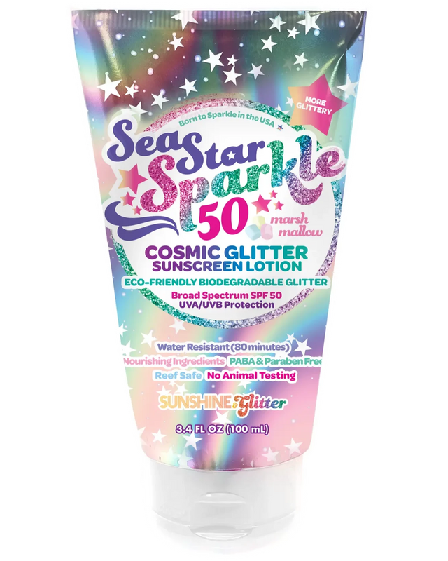 Sea Star Sparkle Cosmic Marshmallow Bio Glitter Sunscreen SPF 50 with eco-friendly glitter and broad spectrum protection.