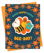 Happy Bee-Day Sticker Birthday Card with cheerful bee and colorful flowers on dark background and orange envelope.