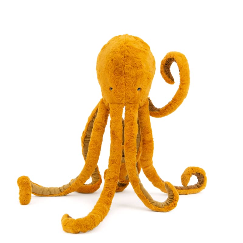 Soft large orange velvet octopus plush toy with long curled tentacles for imaginative ocean play