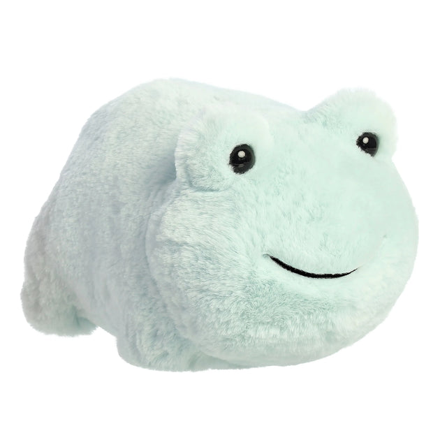 Soft minty green plush frog with sweet eyes and smile, potato-shaped cuddly toy Spudster Frog Friesia measuring 10 inches.