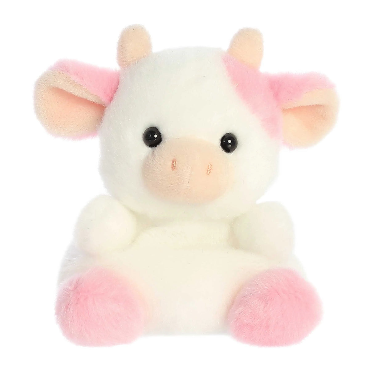 Palm Pals Strawberry Cow Belle plush toy, 5-inch soft, fluffy, and filled with bean pellets for all ages.