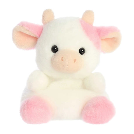 Palm Pals Strawberry Cow Belle plush toy, 5-inch soft, fluffy, and filled with bean pellets for all ages.
