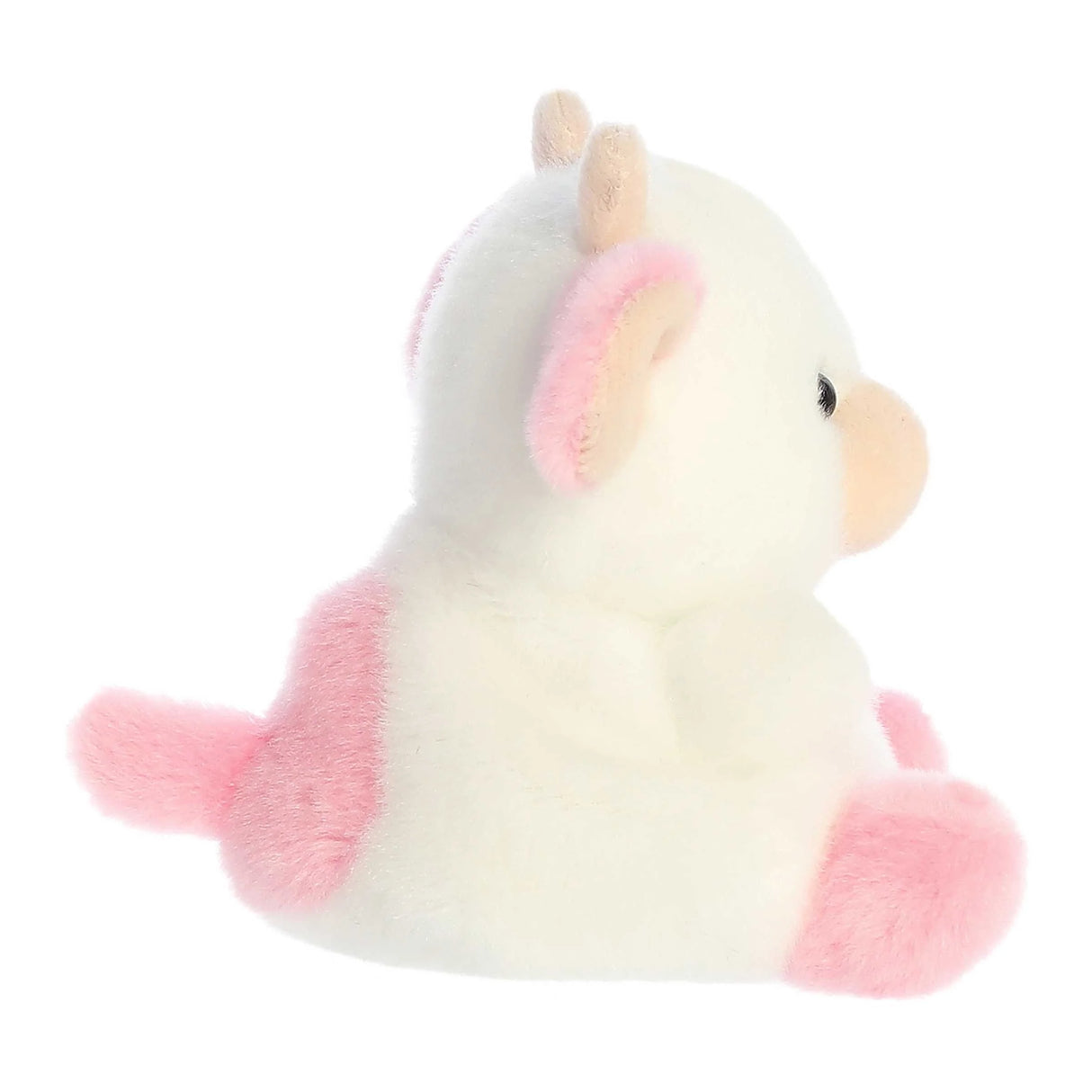 Palm Pals Strawberry Cow Belle plush toy, soft and fluffy with pink accents, perfect for cuddling and play.