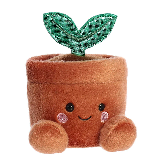 Palm Pals Potted Plant Terra plush toy with smiling face, soft brown pot, and green fabric sprout leaves.