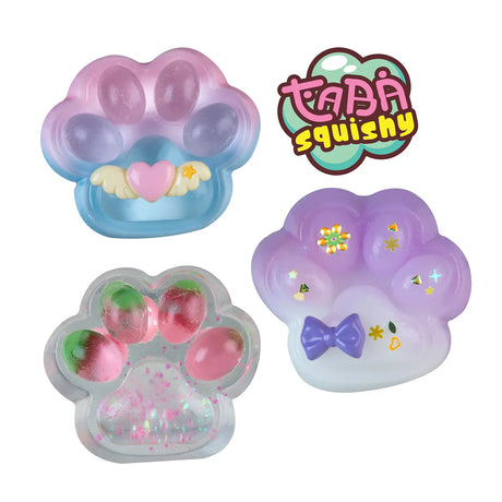 Taba-licious Mega Paws Squishy in assorted styles, colorful paw-shaped stress relief toys with cute decorations.