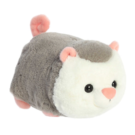 Spudster Opossum Odin plush with gray and white fur, pink ears, nose, and tail, soft and cuddly 10-inch stuffed animal.