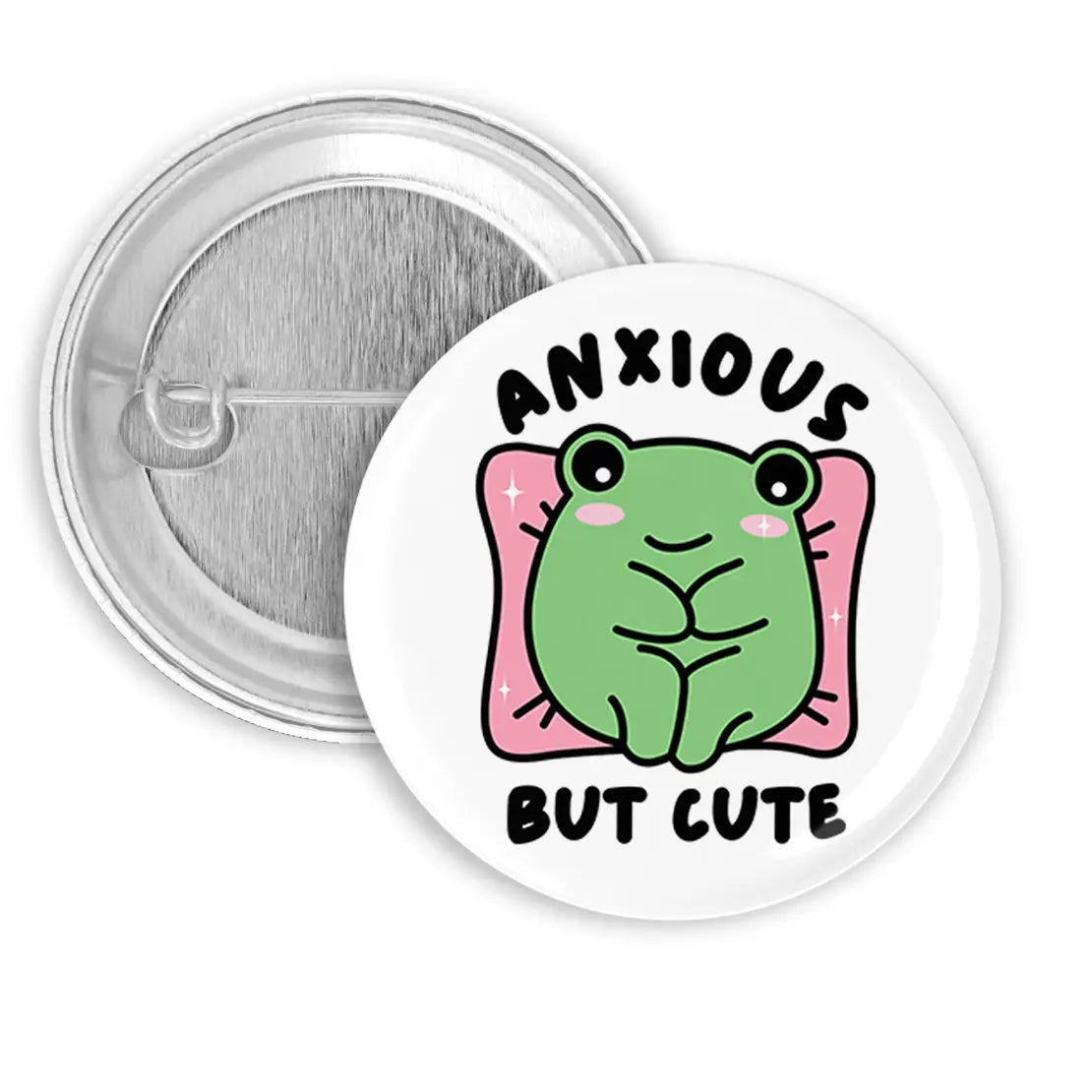 Button | Anxious But Cute featuring a green frog sitting on a pink pillow with text on a white background.